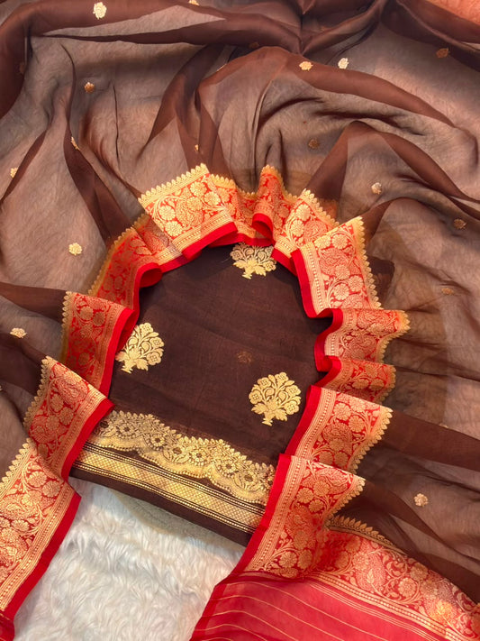 Handwove Chocolate Brown Colour Organza Silk Suit Set