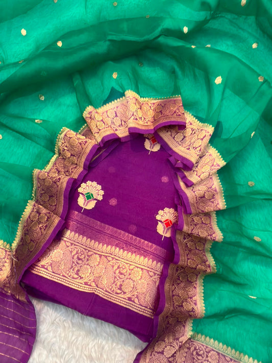 Handwoven Purple Colour Organza Silk Suit Set