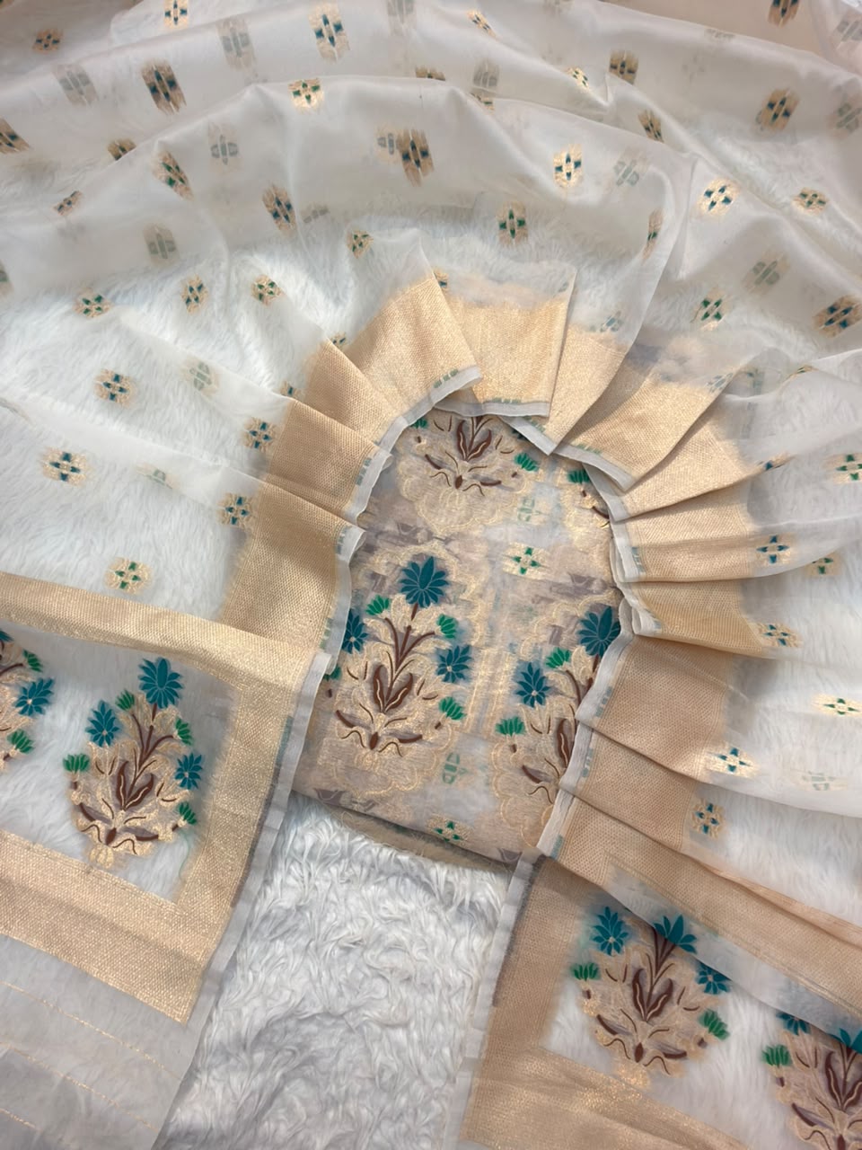 Off White Colour Chanderi Silk Suit Set