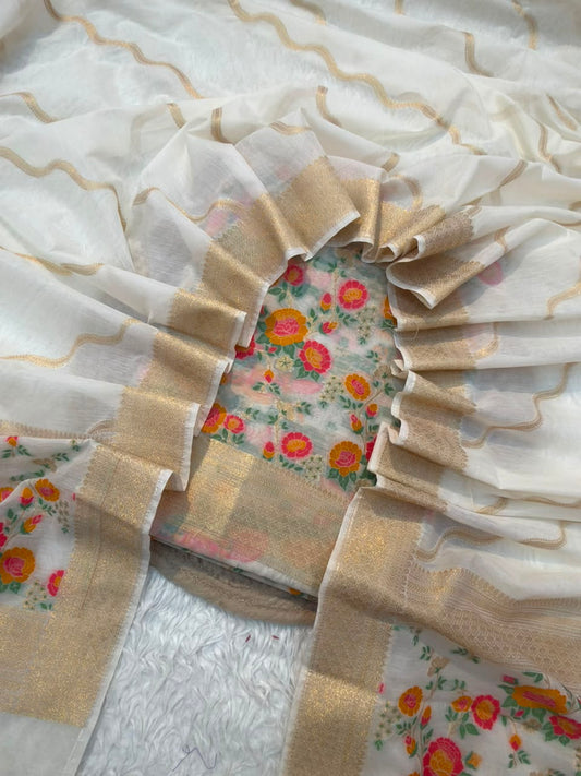 off white colour chanderi silk suit set