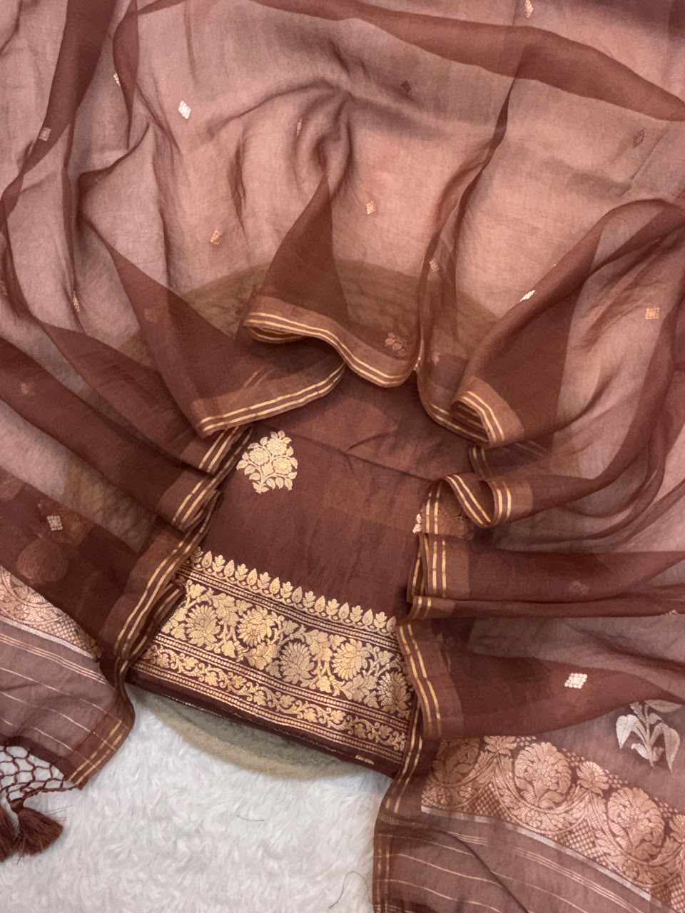 Handwoven Pure Katan Silk Chocolate Colour Suit Set