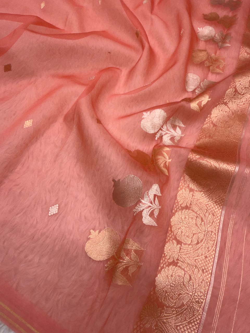 Handwoven Peach Colour Pure Organza Silk Suit Set