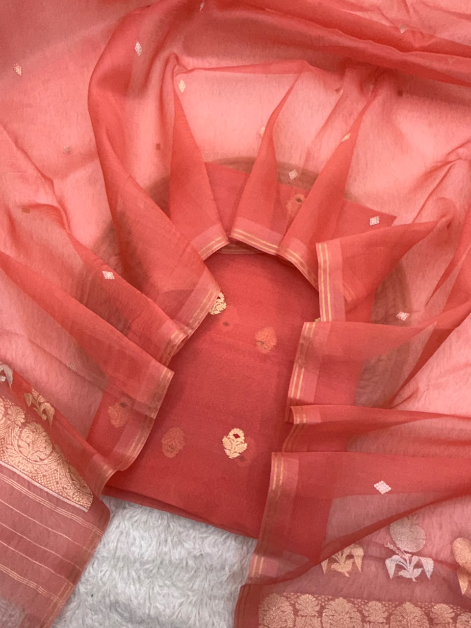 Handwoven Peach Colour Pure Organza Silk Suit Set