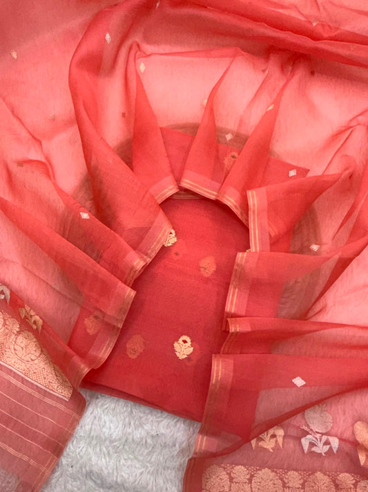Handwoven Peach Colour Pure Organza Silk Suit Set