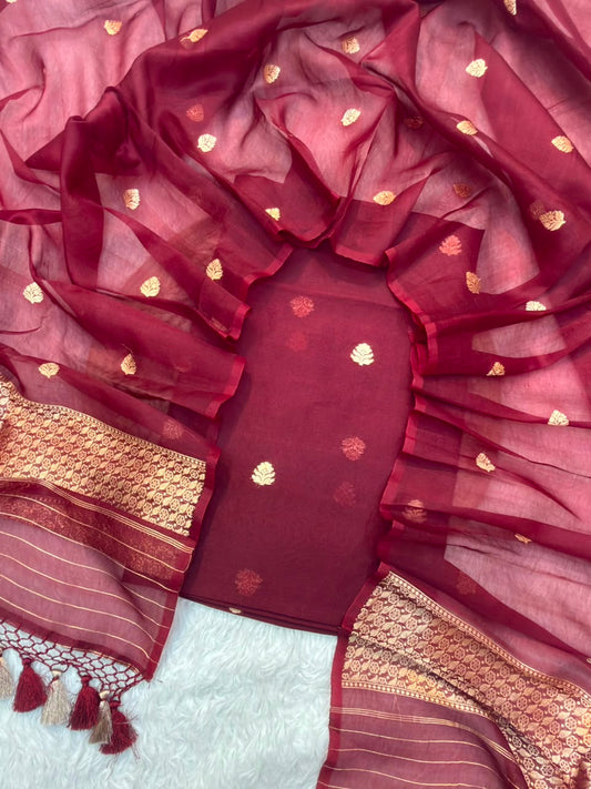 Handwoven Dark Mahroon Colour Pure Organza Silk Suit Set