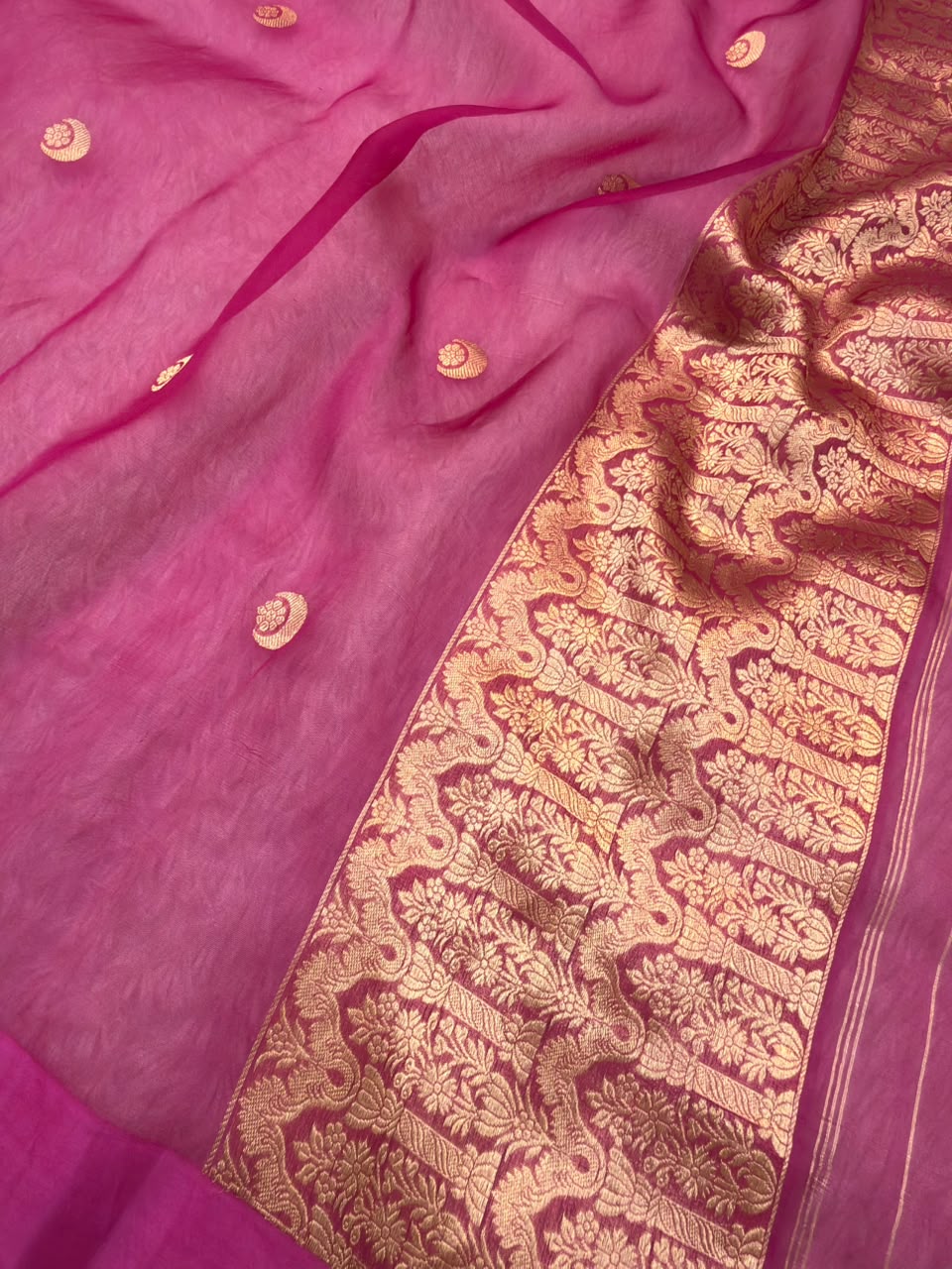 Handwoven Rani Pink Colour Pure Organza Silk Suit Set