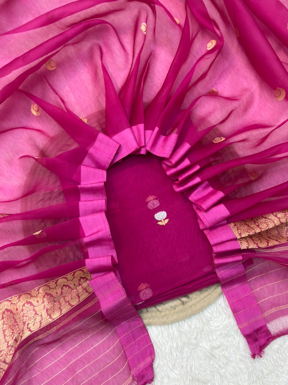 Handwoven Rani Pink Colour Pure Organza Silk Suit Set