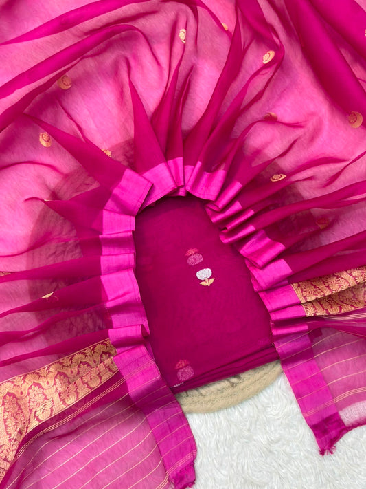 Handwoven Rani Pink Colour Pure Organza Silk Suit Set