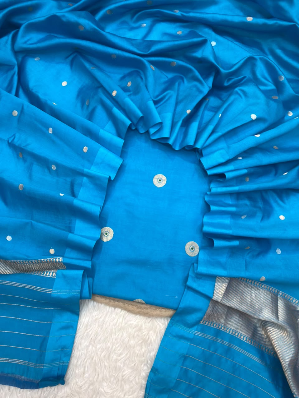 Pure Chinya Silk Peacock Blue Colour Suit Set