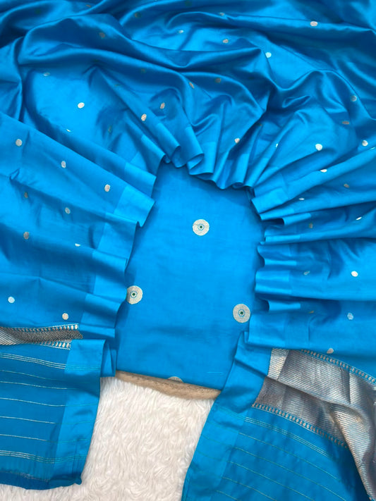 Pure Chinya Silk Peacock Blue Colour Suit Set
