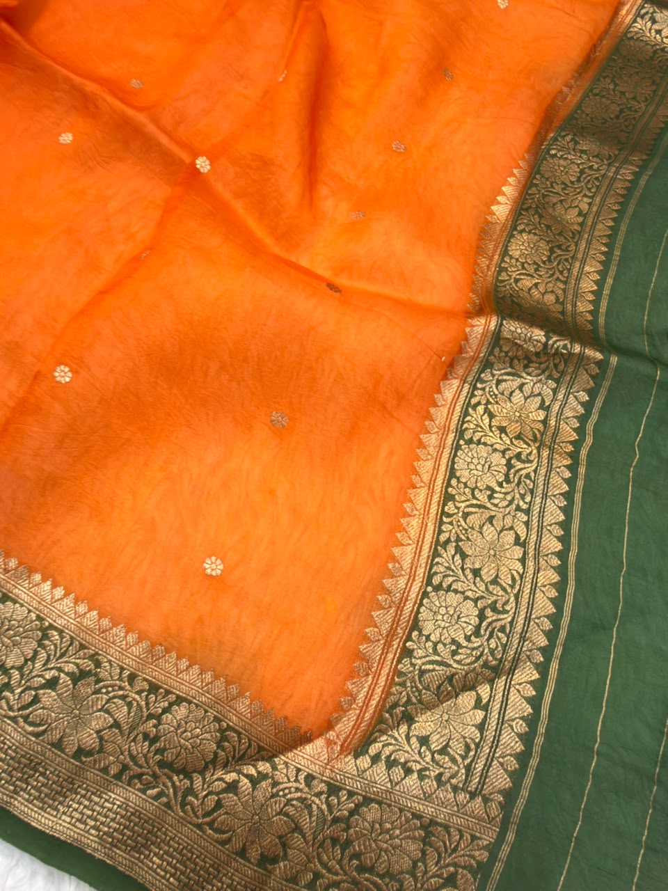 Handwoven Fanta Orange Colour Pure Organza Silk Suit Set