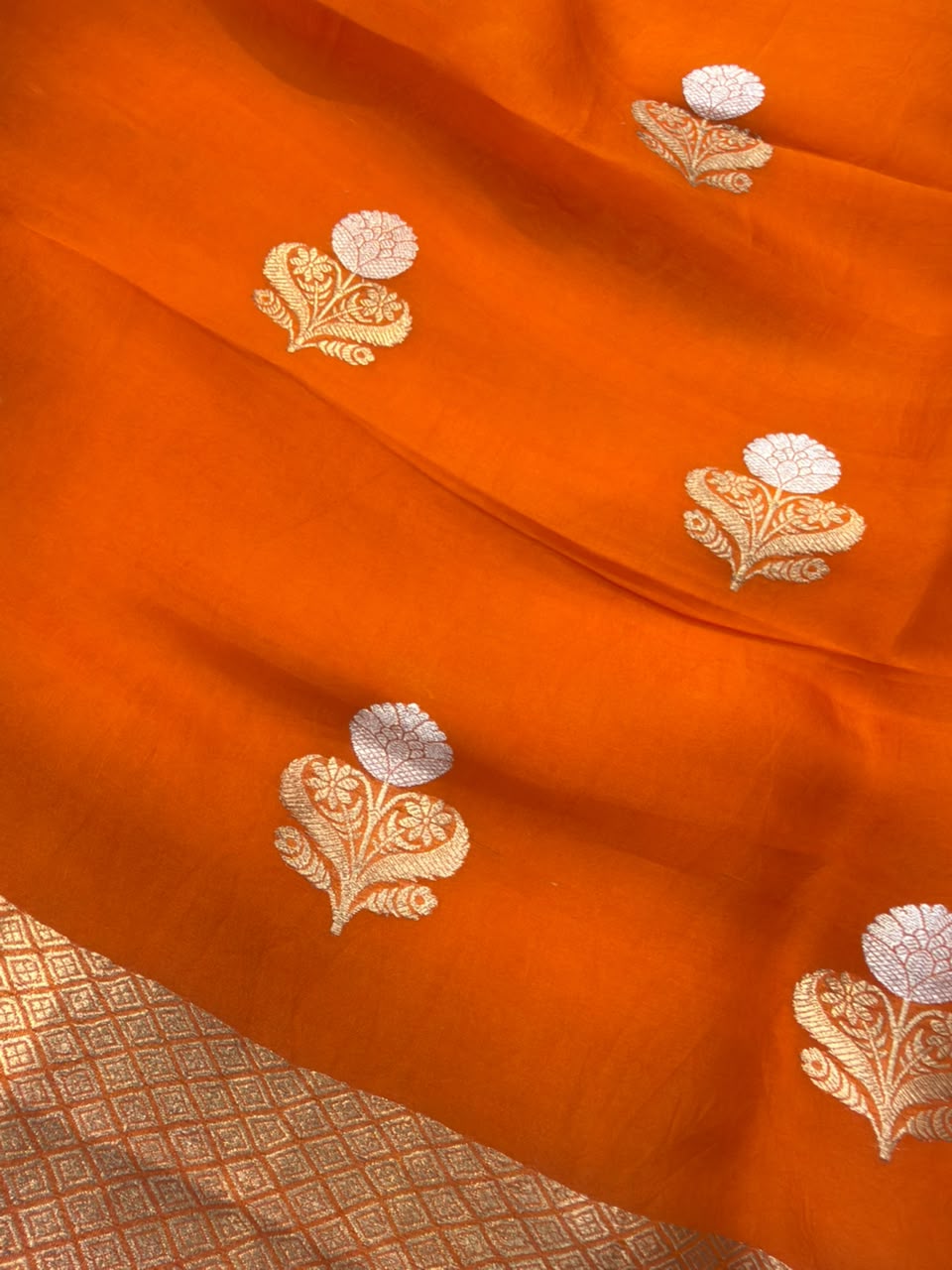 Handwoven Fanta Orange Colour Pure Organza Silk Suit Set