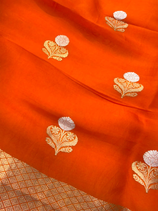 Handwoven Fanta Orange Colour Pure Organza Silk Suit Set