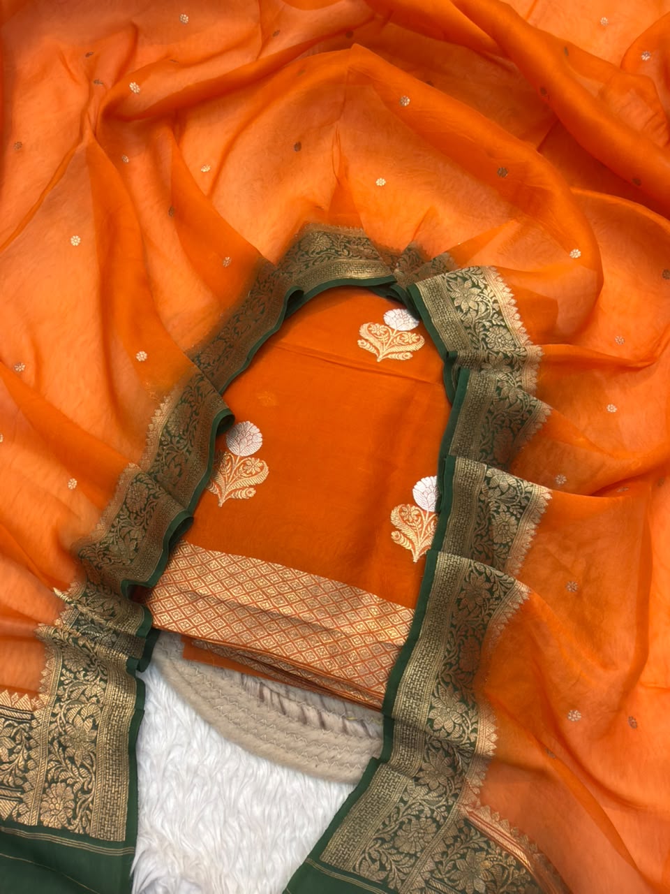 Handwoven Fanta Orange Colour Pure Organza Silk Suit Set