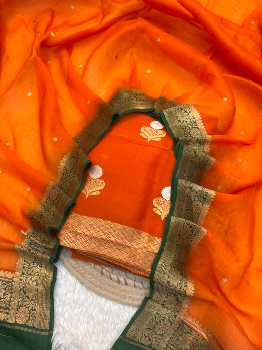 Handwoven Fanta Orange Colour Pure Organza Silk Suit Set