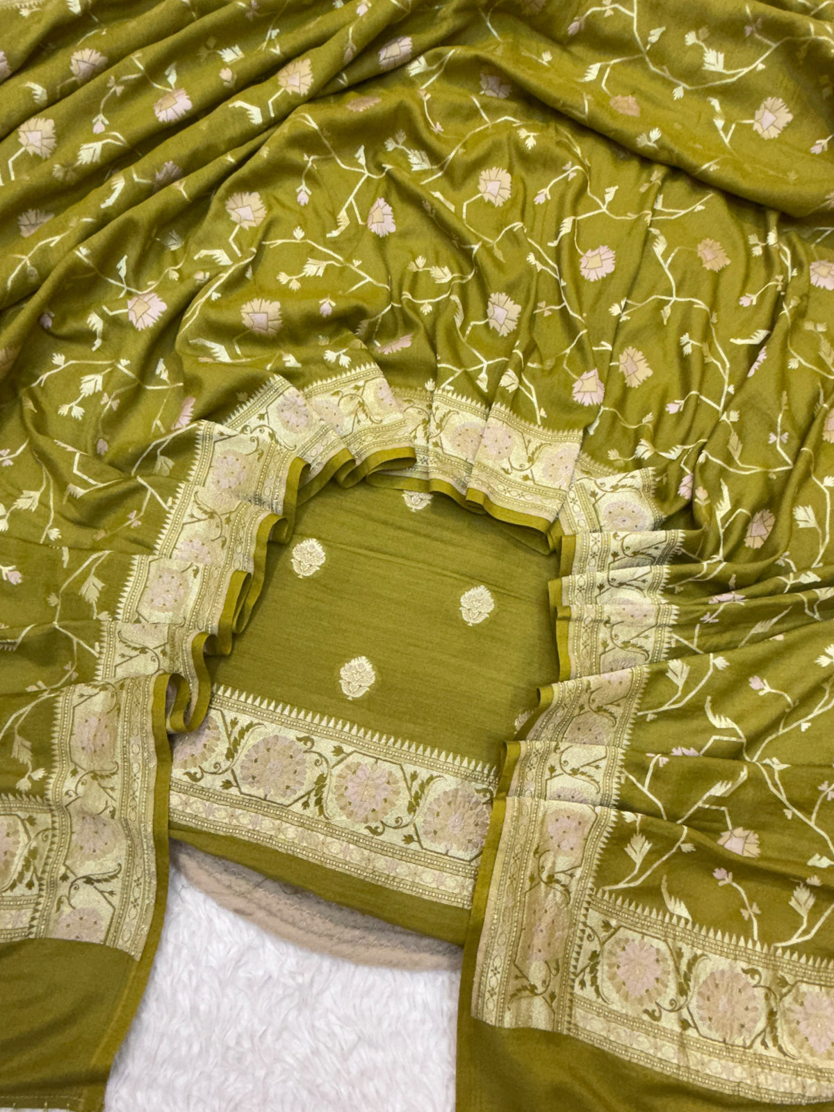 Olive Green Colour Pure Munga Silk Suit Set