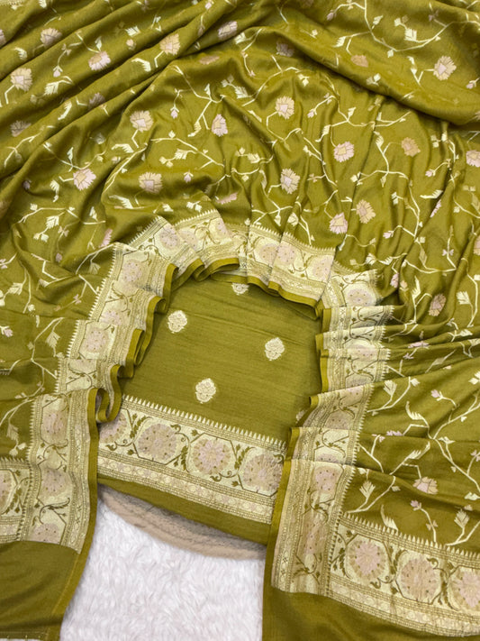 Olive Green Colour Pure Munga Silk Suit Set