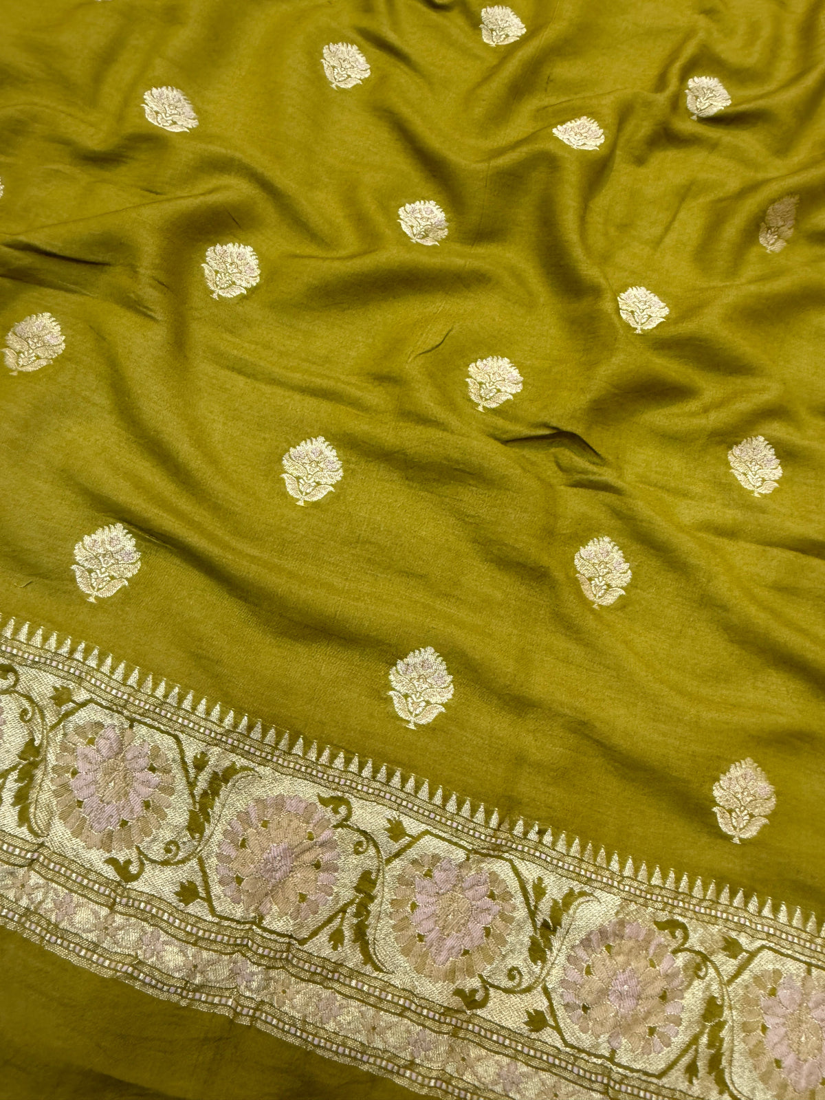Olive Green Colour Pure Munga Silk Suit Set