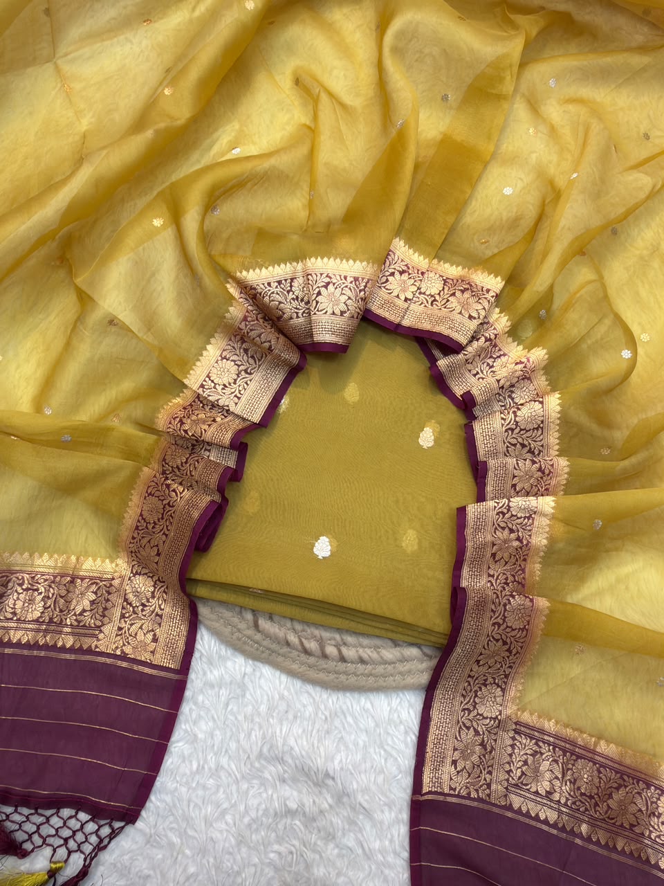 Handwoven Mustard Yellow Colour Pure Organza Silk Suit Set