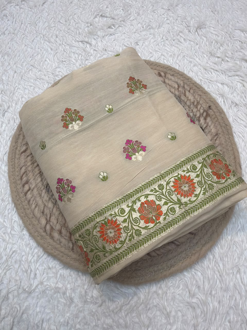 Beige Colour Pure Munga SIlk Suit Set
