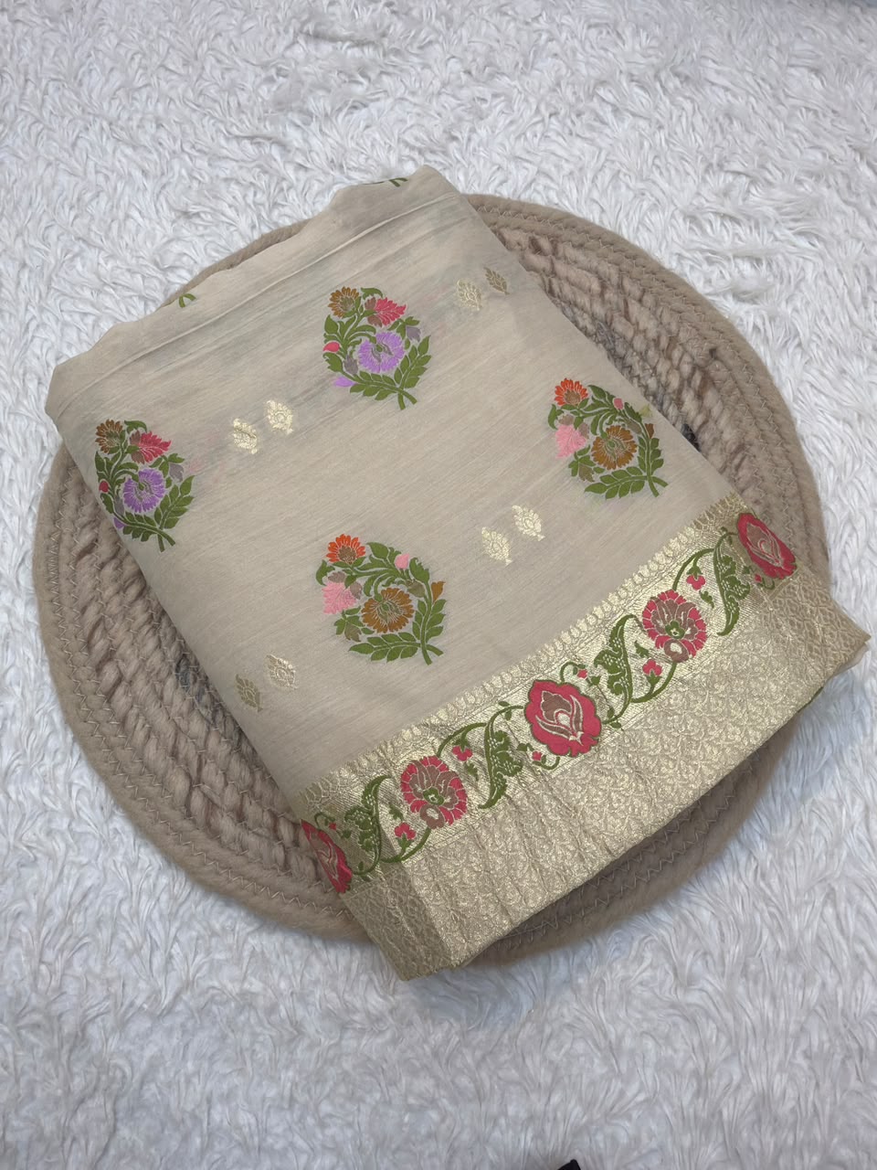 Beige Colour Pure Munga SIlk Suit Set