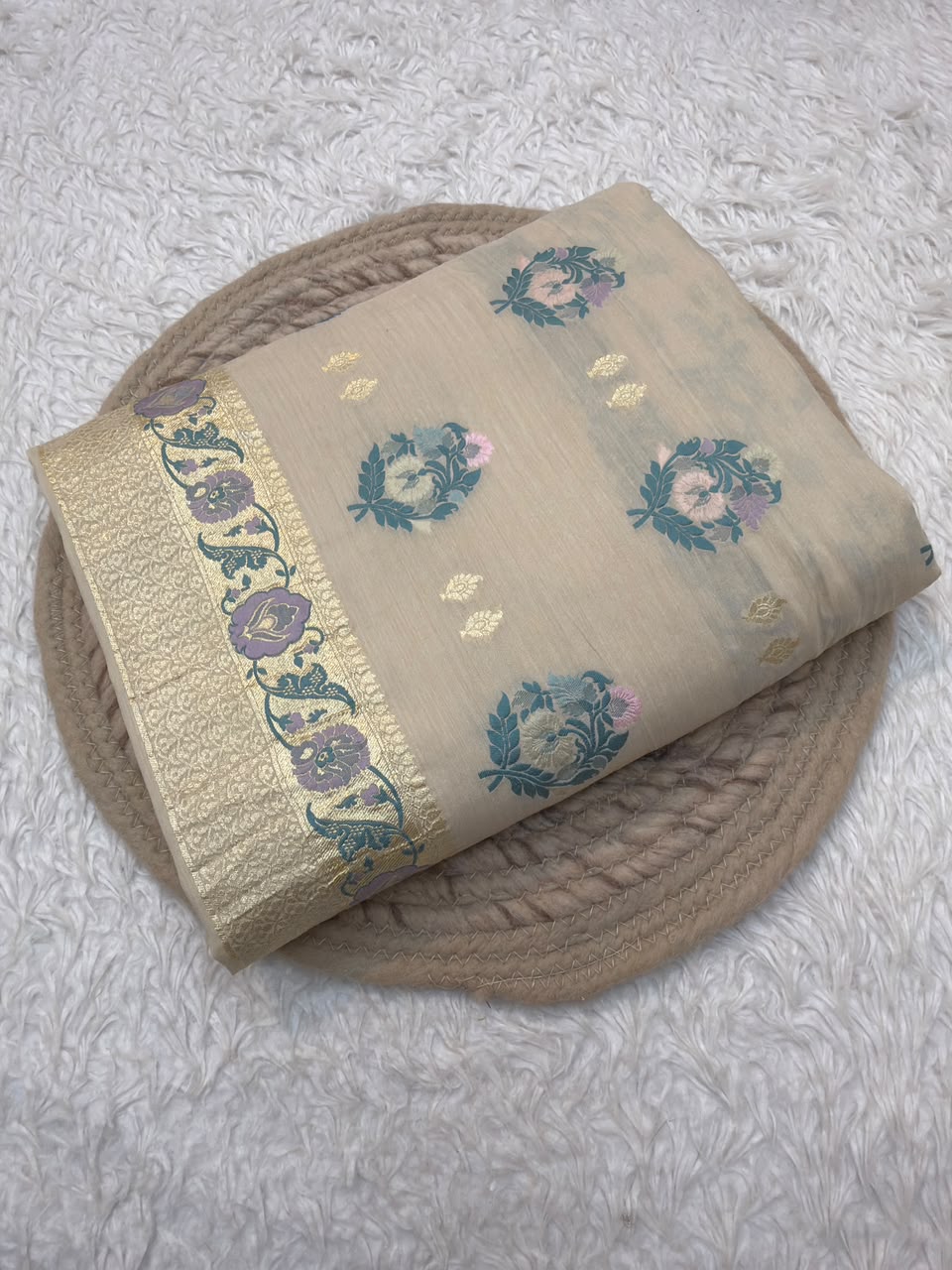 Beige Colour Pure Munga Silk Suit Set