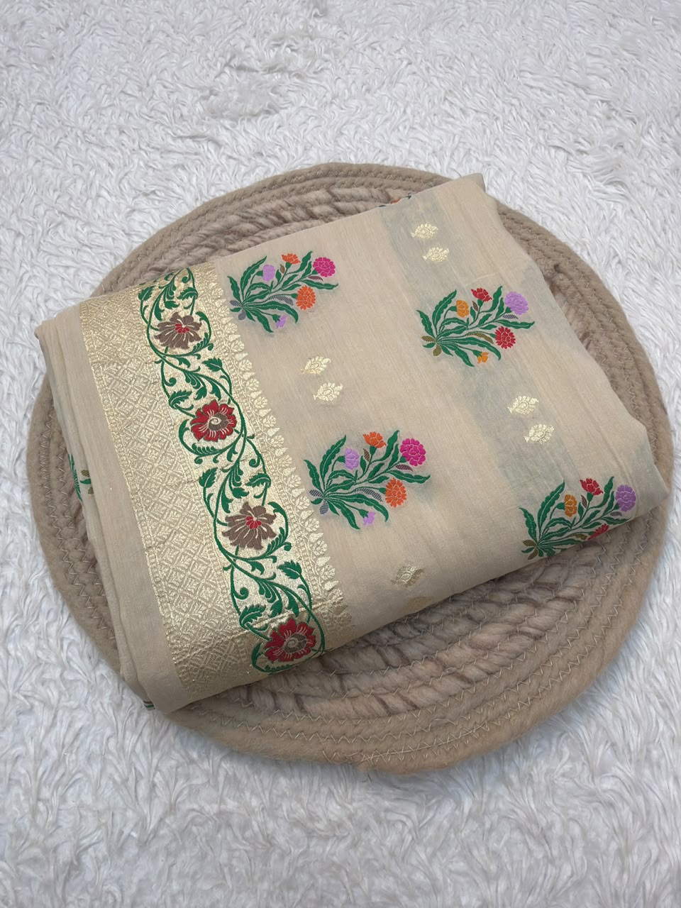 Beige Colour Pure Munga Silk Suit Set