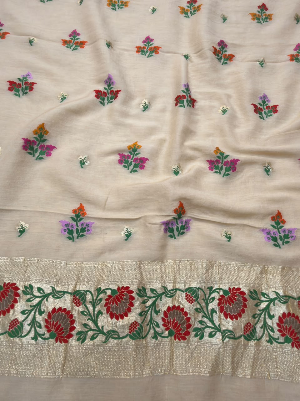 Beige Colour Pure Munga Silk Suit Set
