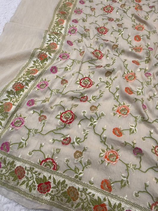 Beige Colour Pure Munga Silk Suit Set