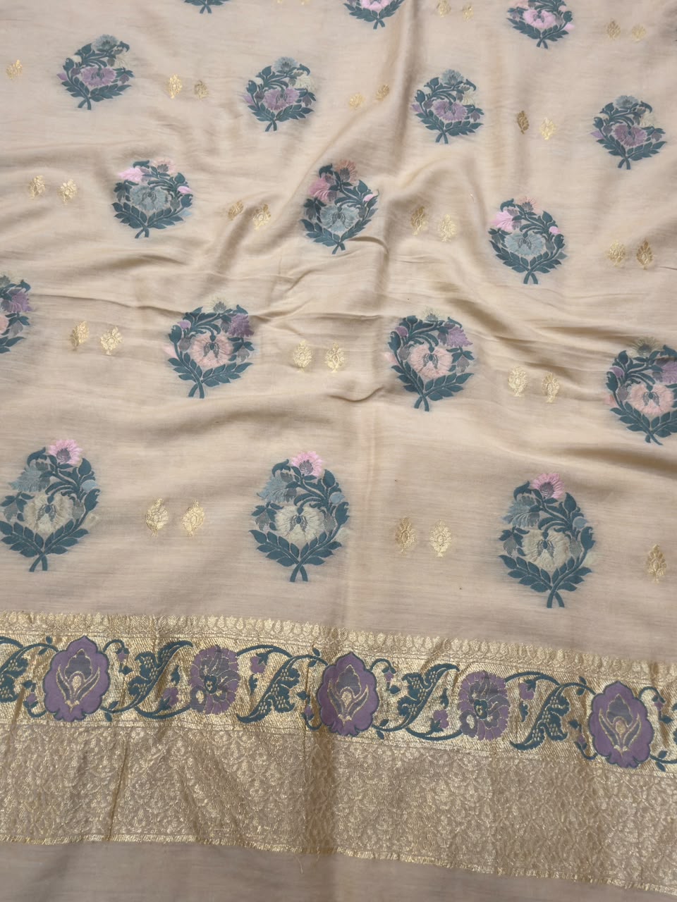 Beige Colour Pure Munga Silk Suit Set