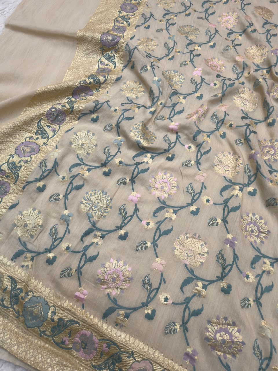 Beige Colour Pure Munga Silk Suit Set