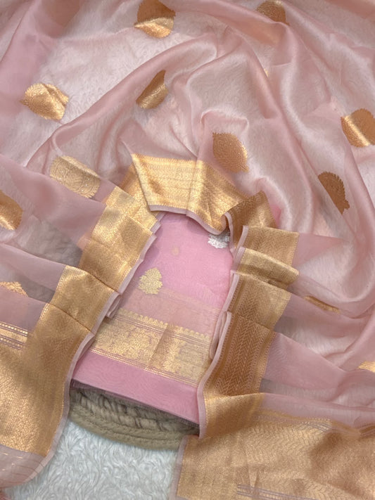 Handwoven Baby Pink Colour Pure Organza Silk Suit Set