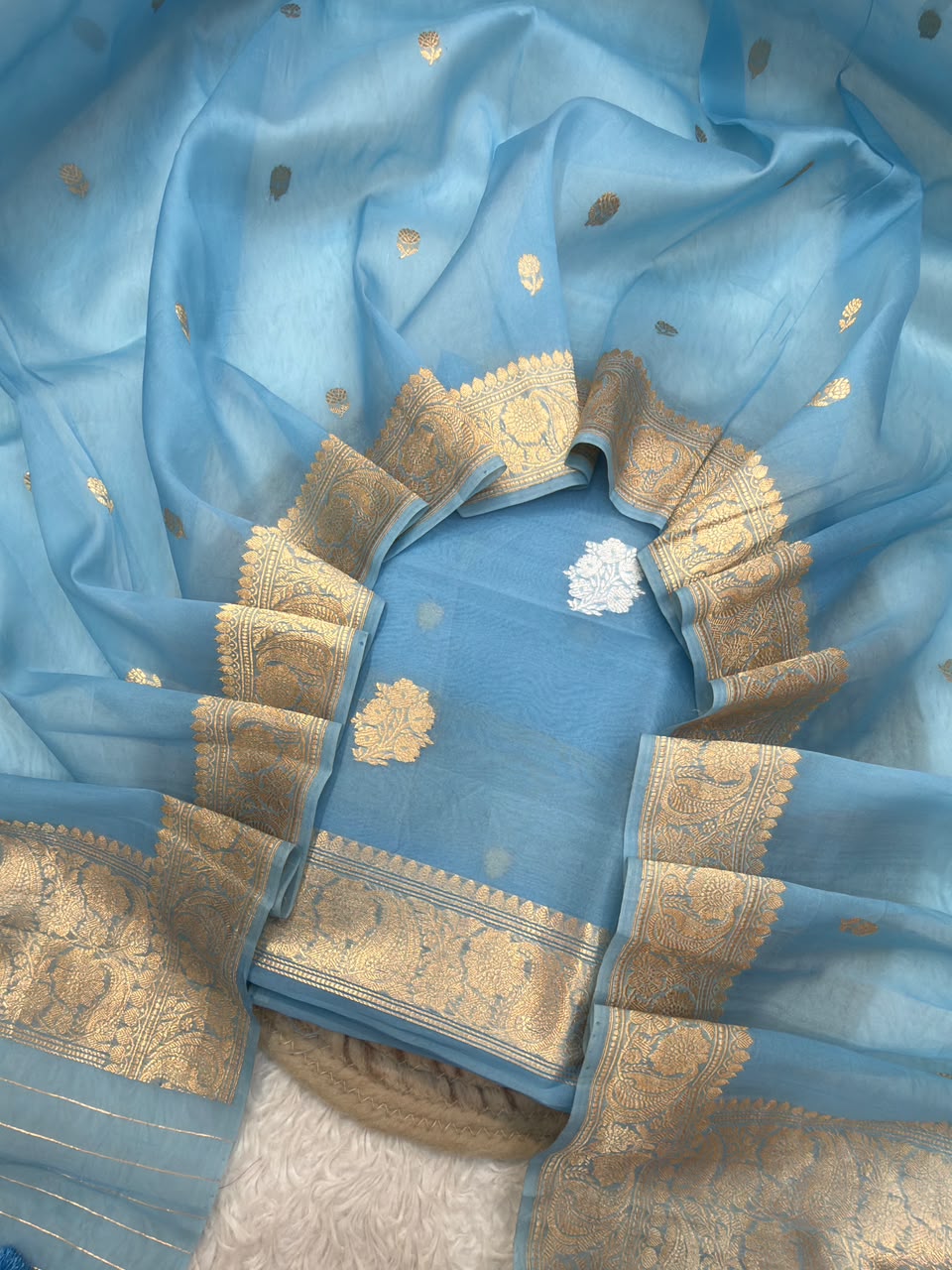 Handwoven Powder Blue Colour Pure Organza Silk Suit set
