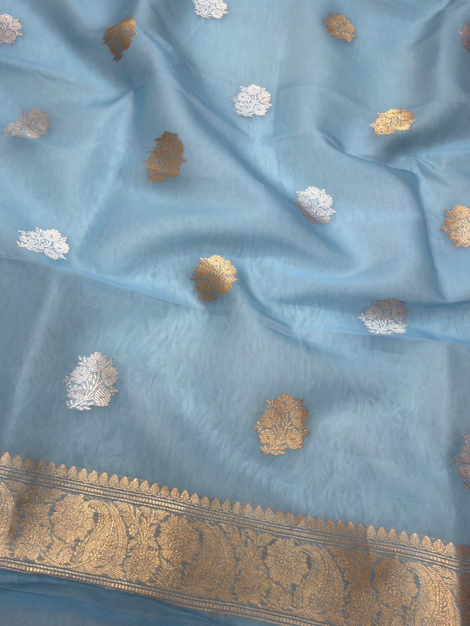 Handwoven Powder Blue Colour Pure Organza Silk Suit set
