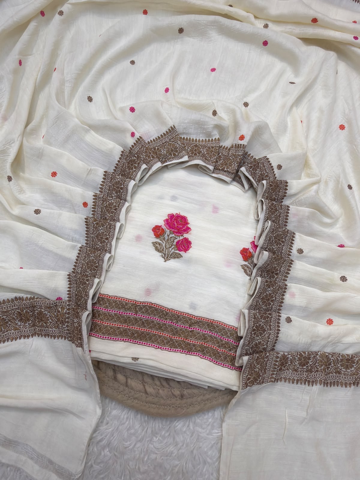Ivory Colour Pure Munga Silk Suit Set