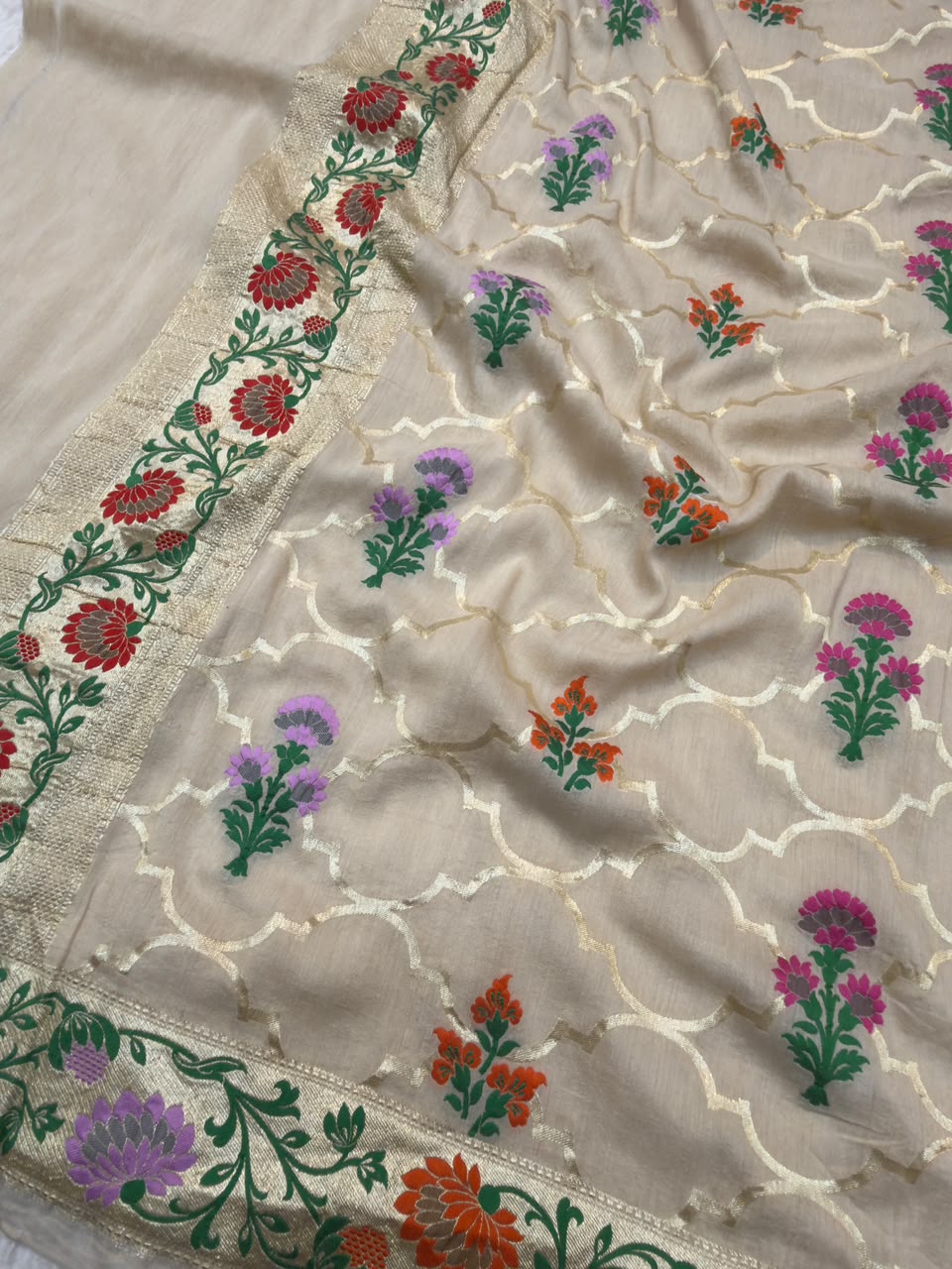 Beige Colour Pure Munga Silk Suit Set